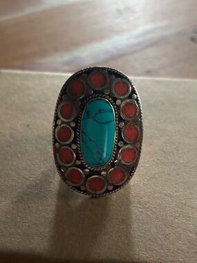Tibetan Silver Turquoise and Coral Oval Statement Ring Size 10